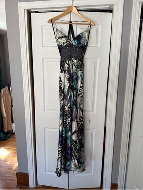 Vintage Y2K Cache Formal Gown Size 8 Satin Floral Blue/Purple Floor Length Prom
